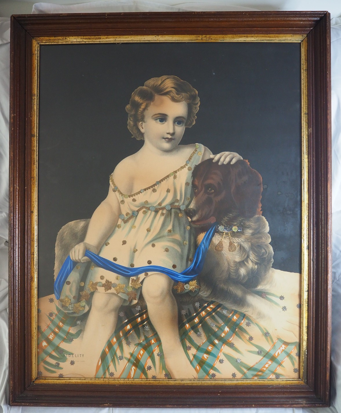 Antique Framed Lithograph NEWFOUNDLAND DOG & GIRL 1874 Thomas Kelly