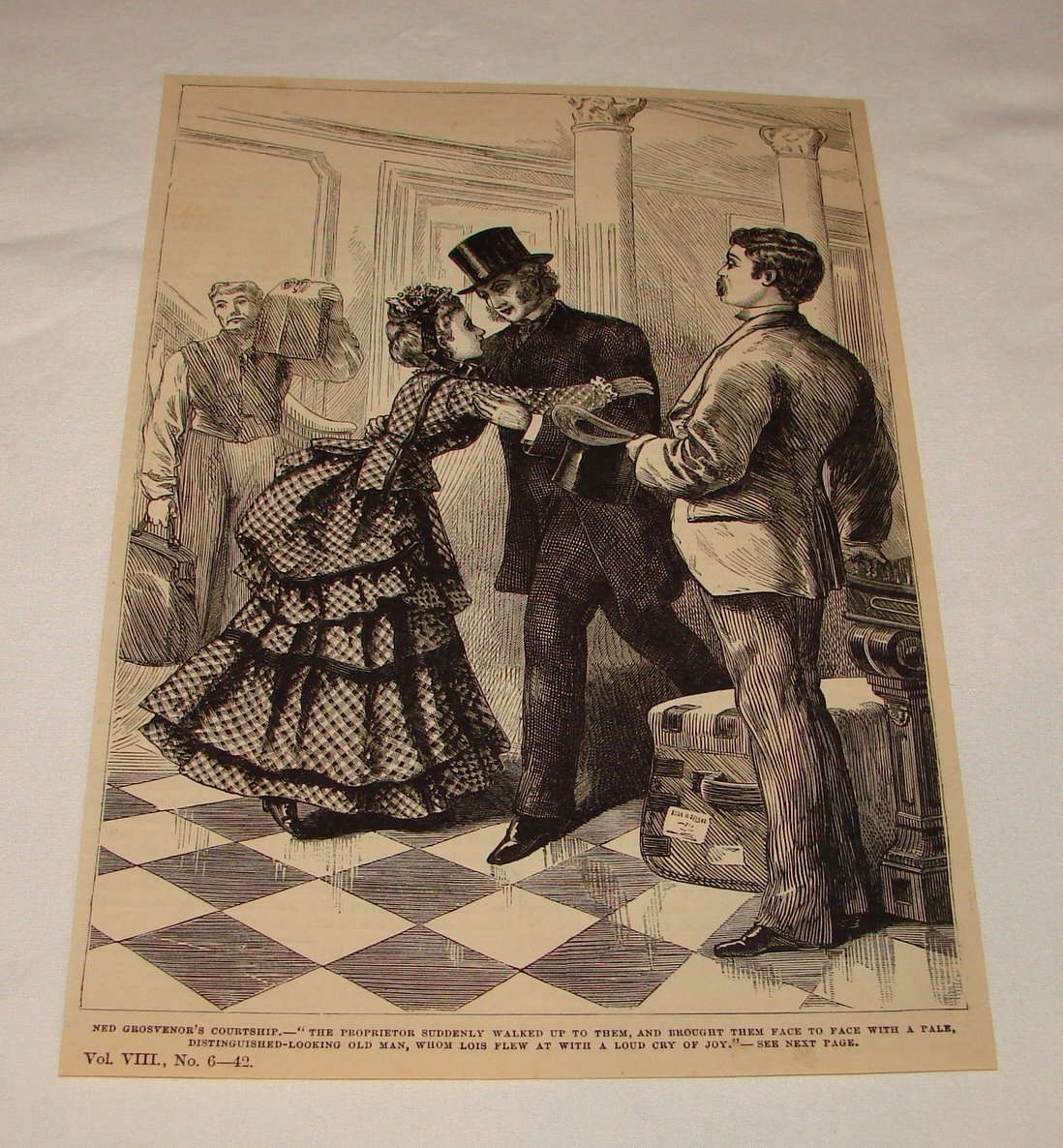 1879 magazine engraving ~ WOMAN FLINGING HERSELF JOYFULLY ON MAN