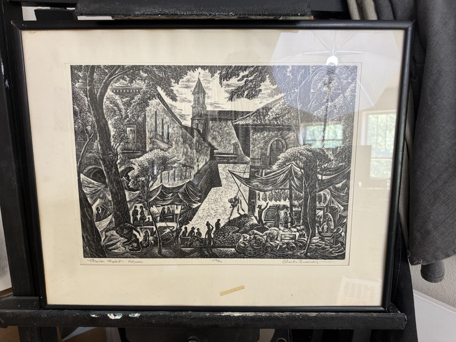 CHARLES SURENDORF Framed Linocut of Mexican Market In Patzcuaro 18×23.