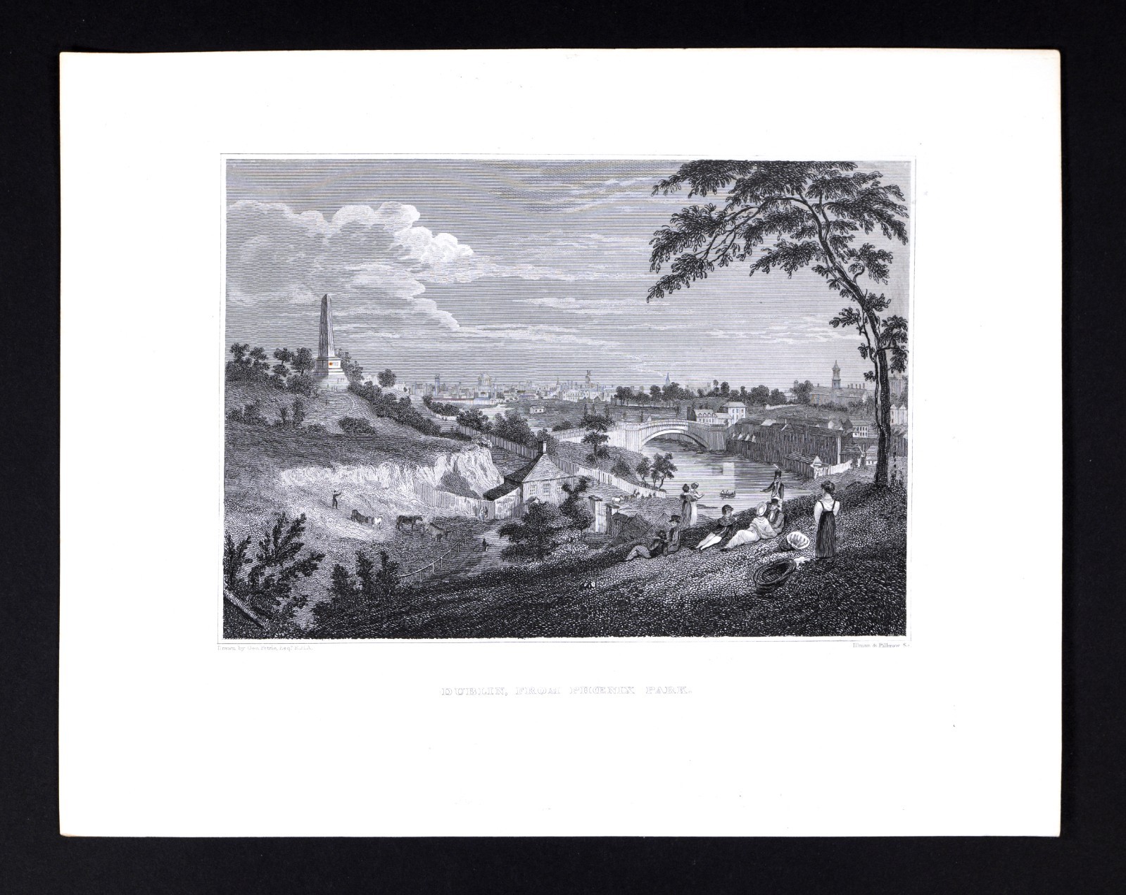1847 S Walker Print View Dublin from Phoenix Park Ireland Wellington Monument IE