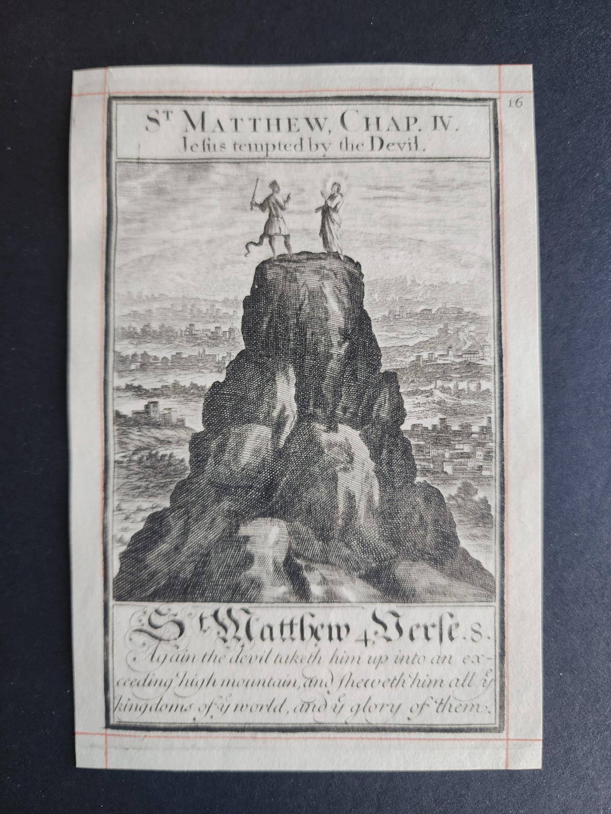 Antique 1710 Bible Print – Matthew 4:8 – Jesus Tempted by the Devil