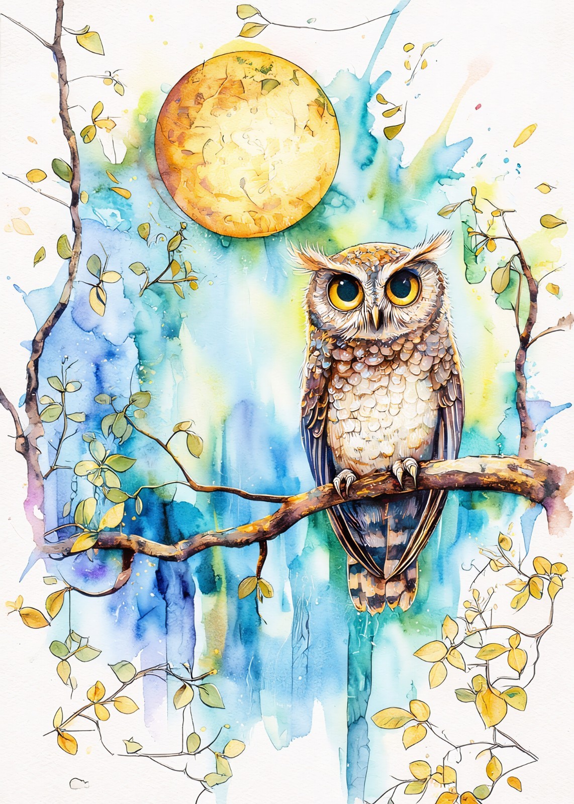 Wise Owl Collage Aceo – Whimsical Moon Night, 2.5×3.5 Fine Art PRINT