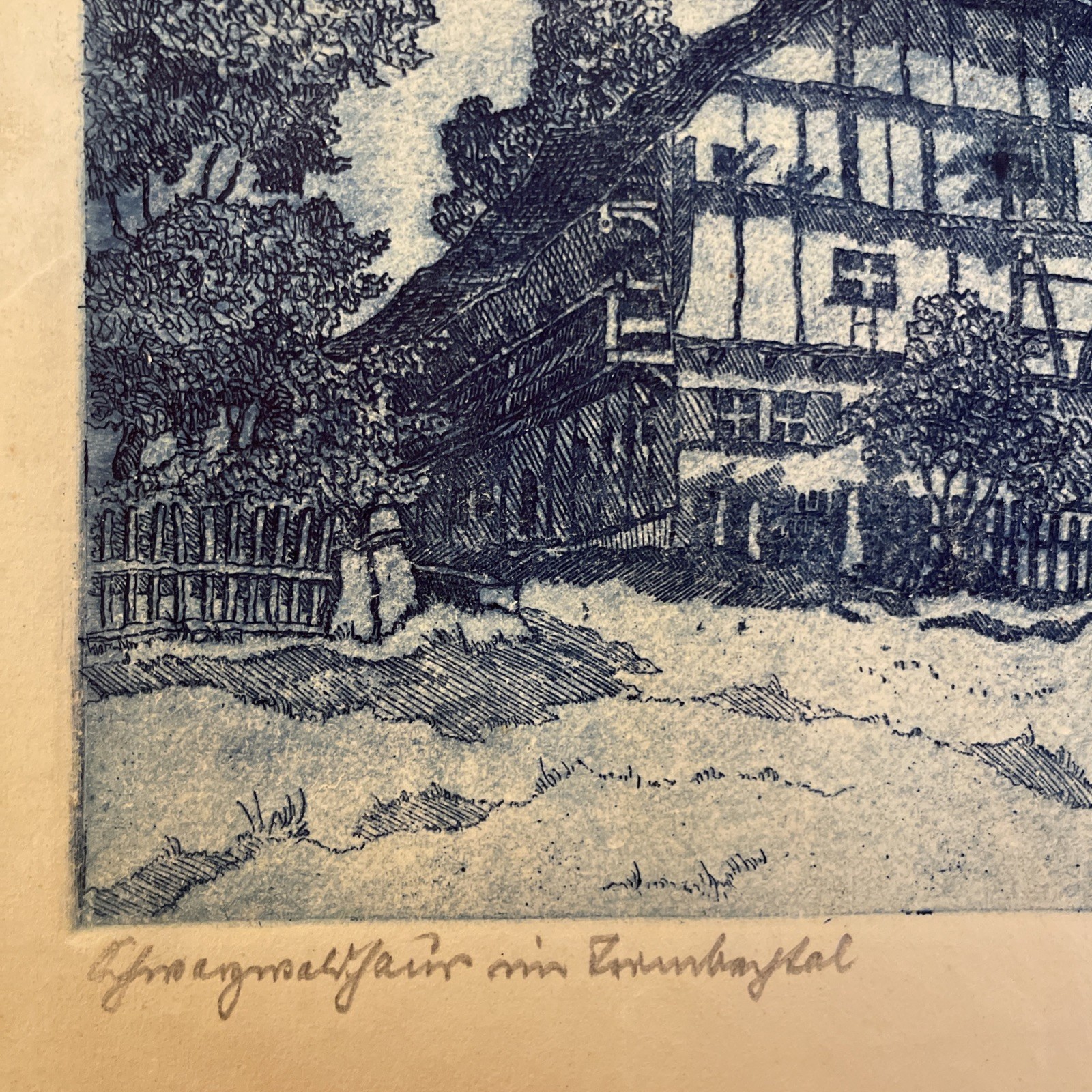 Blue Inked Etching Of A Half-Timbered House in Germany 1930’s Signed