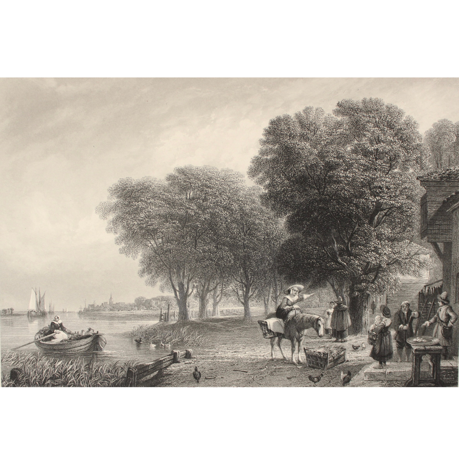 1849 LANDSCAPE DUTCH Rural Life River Antique Engraving Victorian Era Art Print