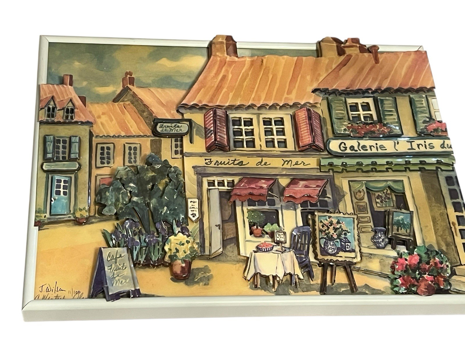 C. Winterle Olson Signed 3D Wall Art Resin Parisian Village Cafe 16X12” Inches