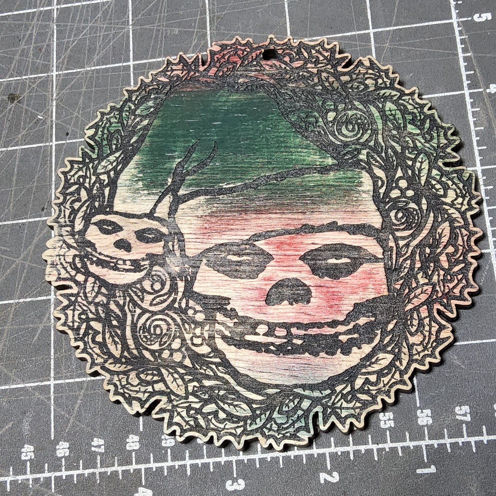 Santa hat crimson skull ornament laser etched cut christmas holidays punk goth