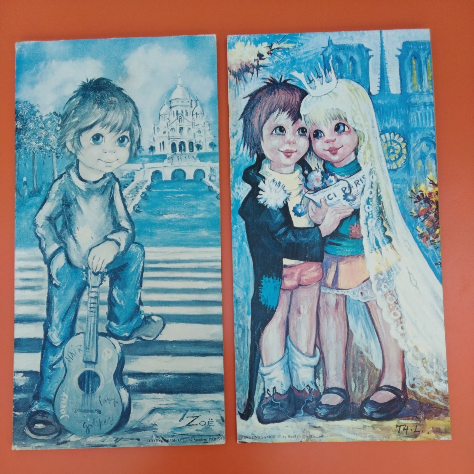 2 Vintage Retro 60-70s Big Eyed Print French Music Boy Wedding Couple Zoe TH. L