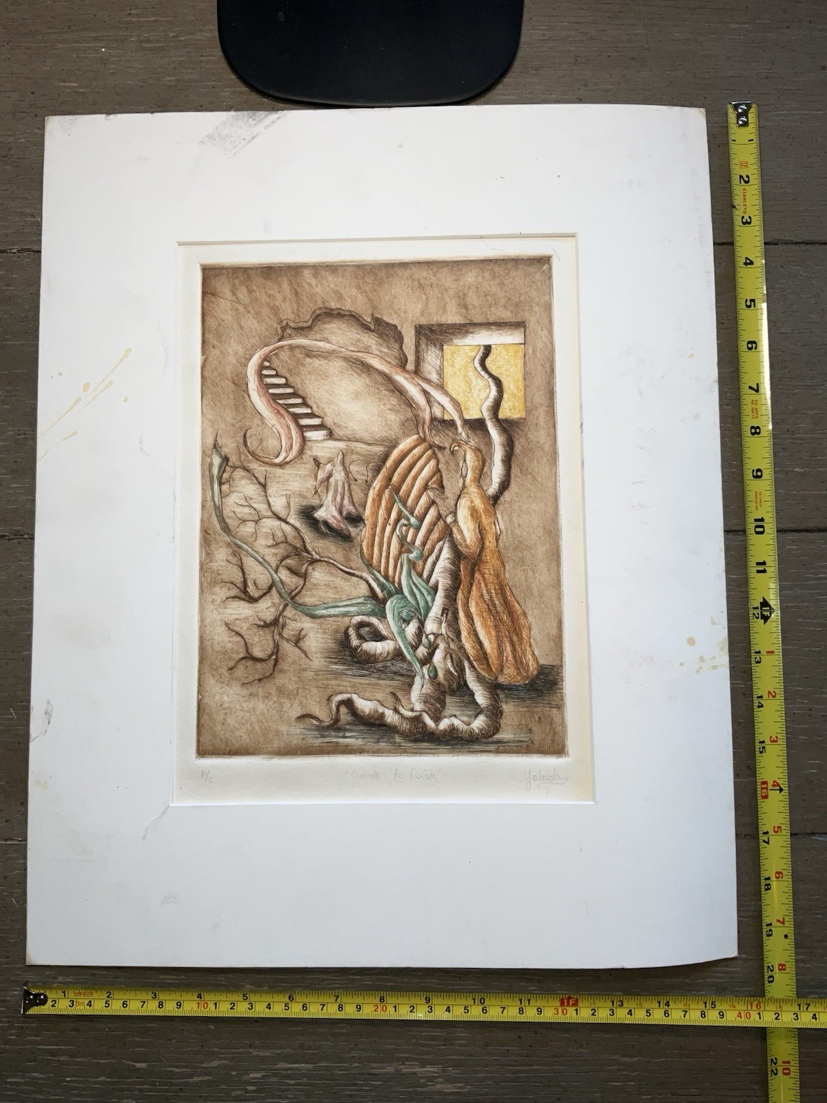Signed Yolanda Cuando Te Fuiste P/C Color Etching Surrealist Elephant Art