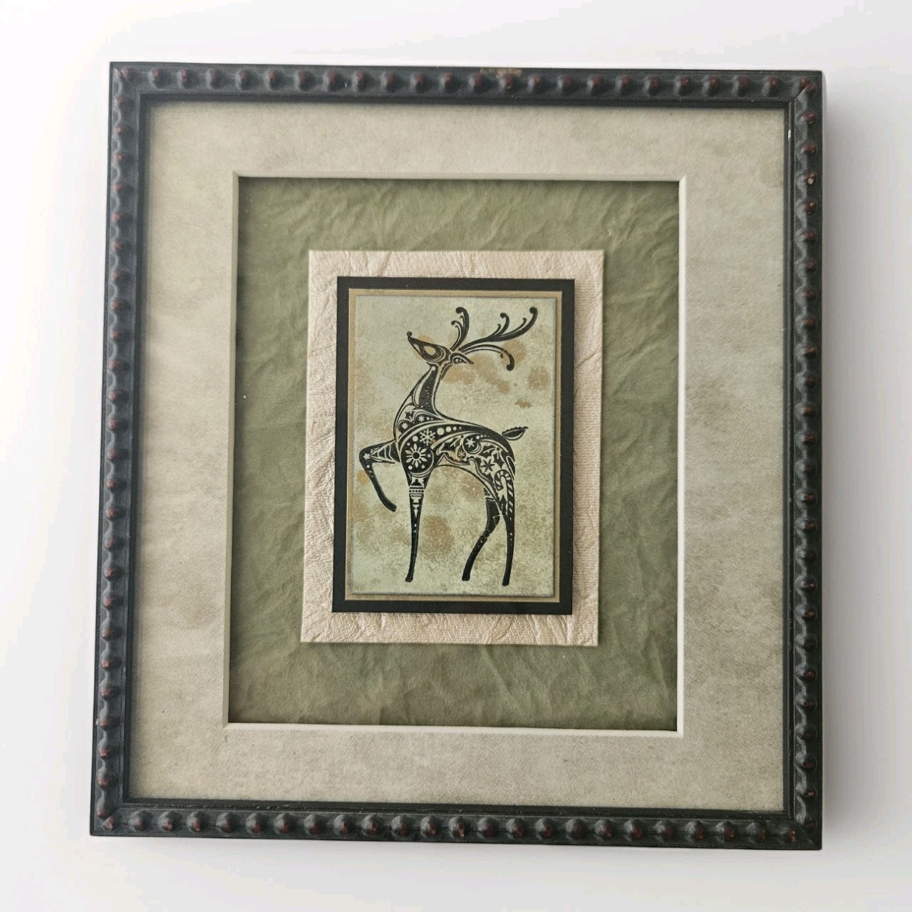 Stylized Reindeer Stamped Print Multi Layered Art Metal Studded Frame 6.75×7.25