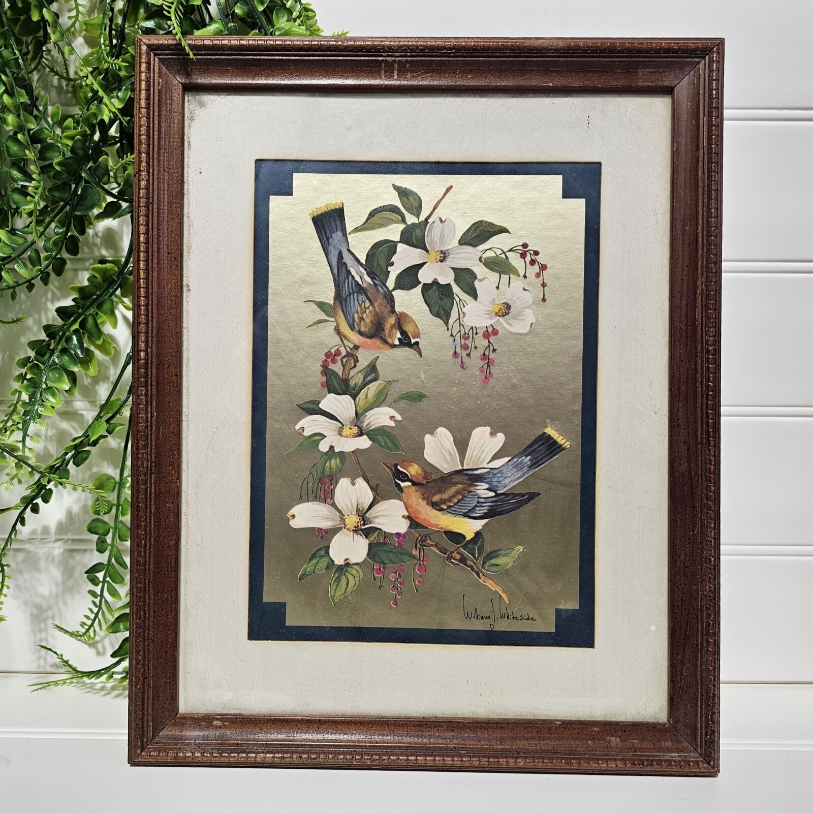 WILLIAM J. WHITESIDE Metallic Gold Foil Birds on Dogwood Flowers Framed Wall Art