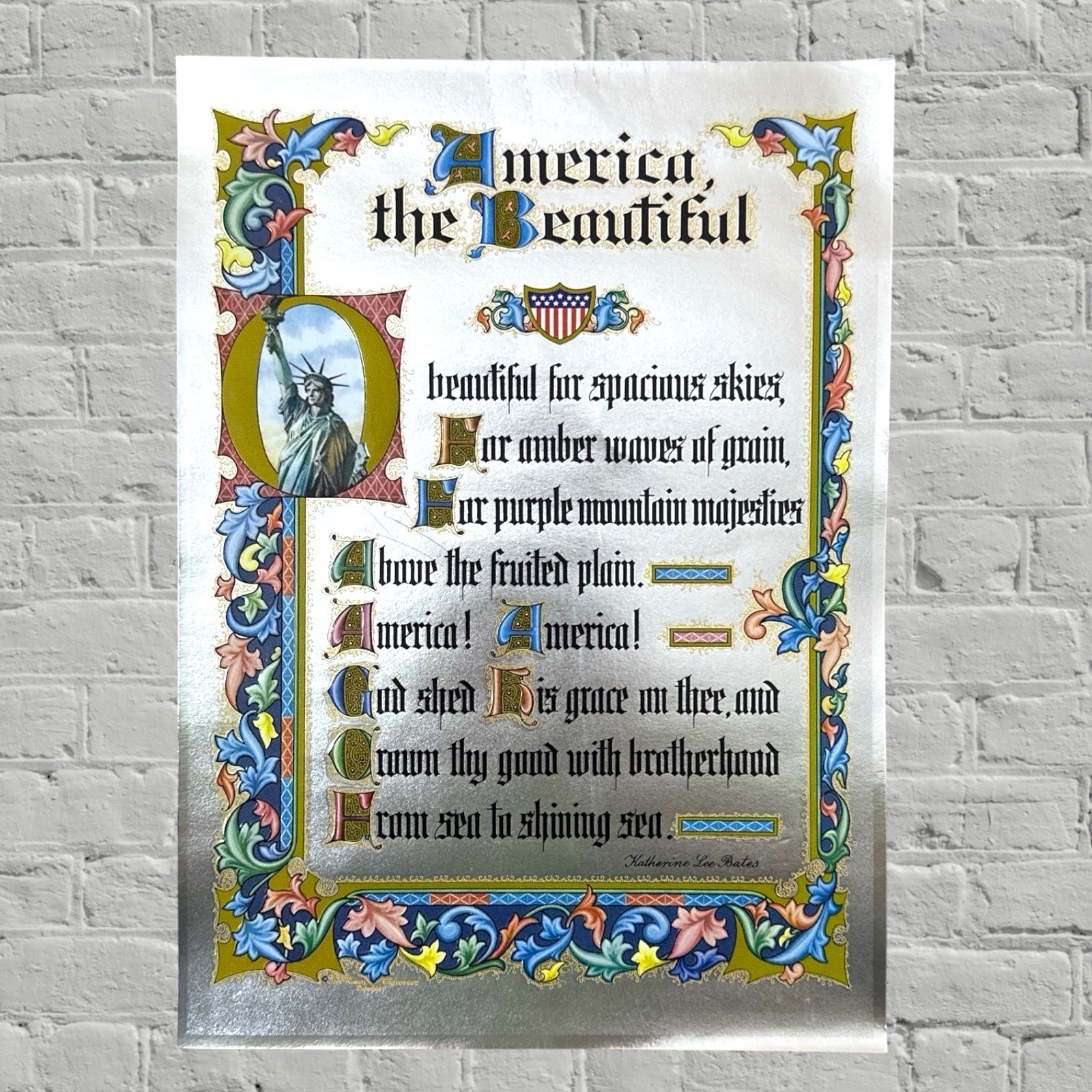 Collectible Vintage METALLIC SILVER PRINT: “America The Beautiful” Lyrics 8.5-11