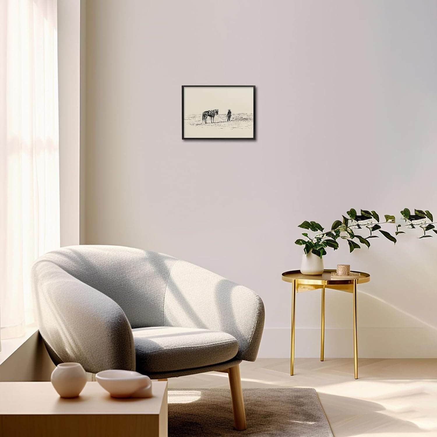 Vintage Cowboy and Horse Wall Art, Neutral Cowboy and Horse Sketch Canvas Prints