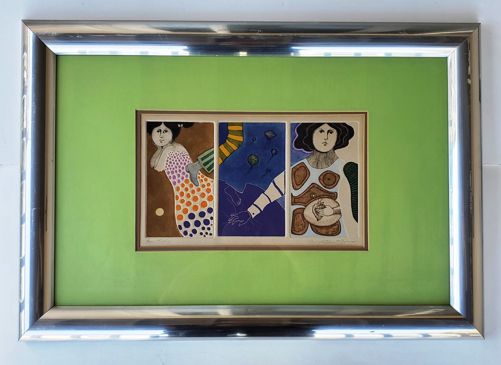 Rare Leticia Tarrago Aquatint Etching “Triptico” in Original Gallery Frame