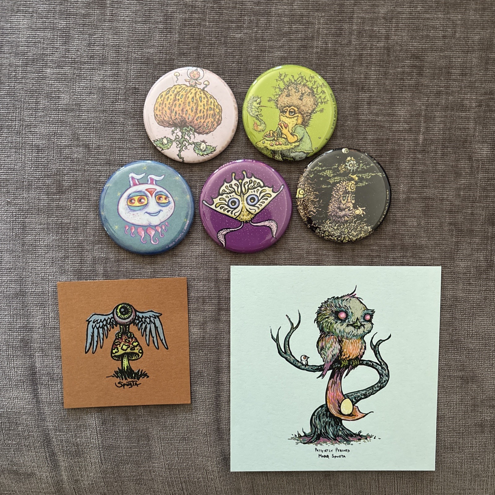 Marq Spusta LOT: “Patiently Perched” 5X5 print, set of 5 magnets, 3X3 mini print