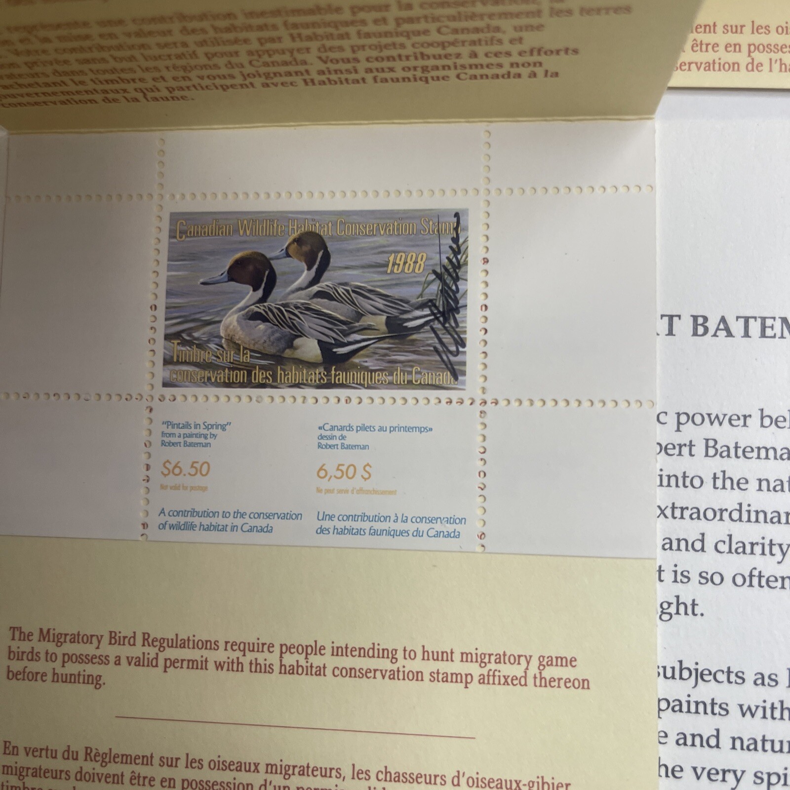 ROBERT BATEMAN 1988 Canada Duck Stamp & Print artist signed stamp 2 stamps