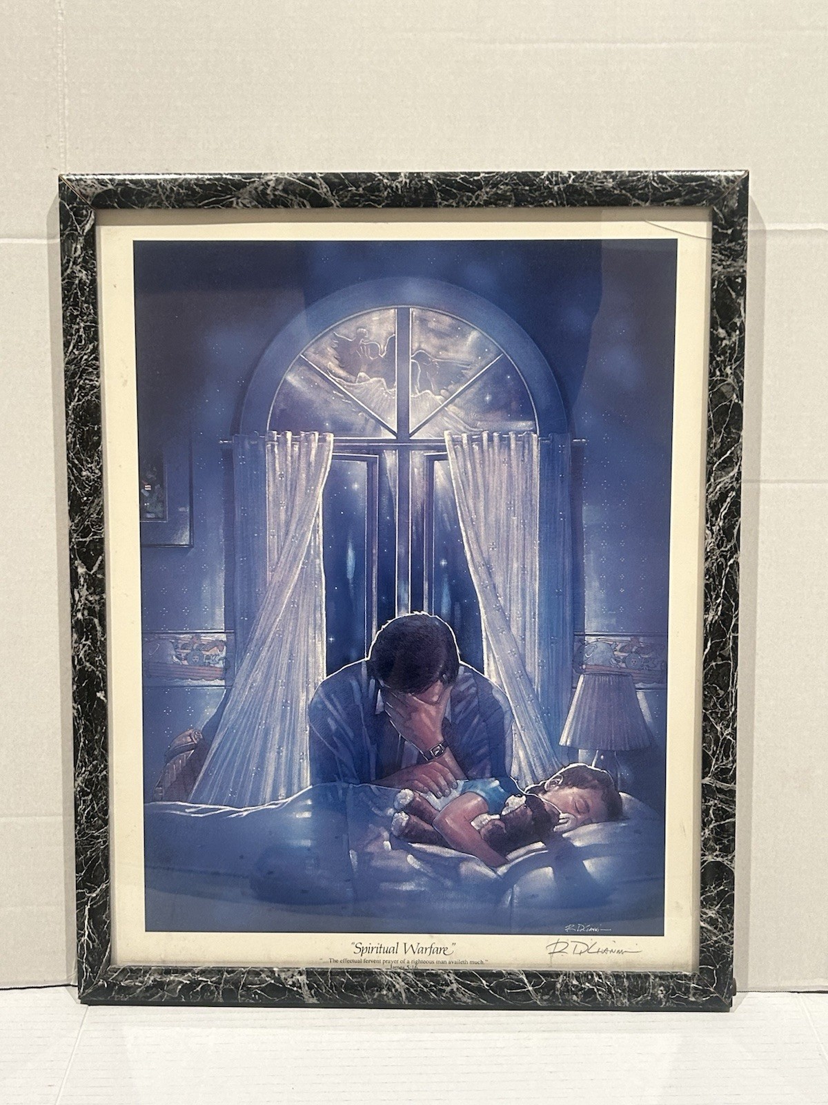 Vintage Ron DiCianni Pencil Signed Spiritual Warfare Framed Religious Art Print