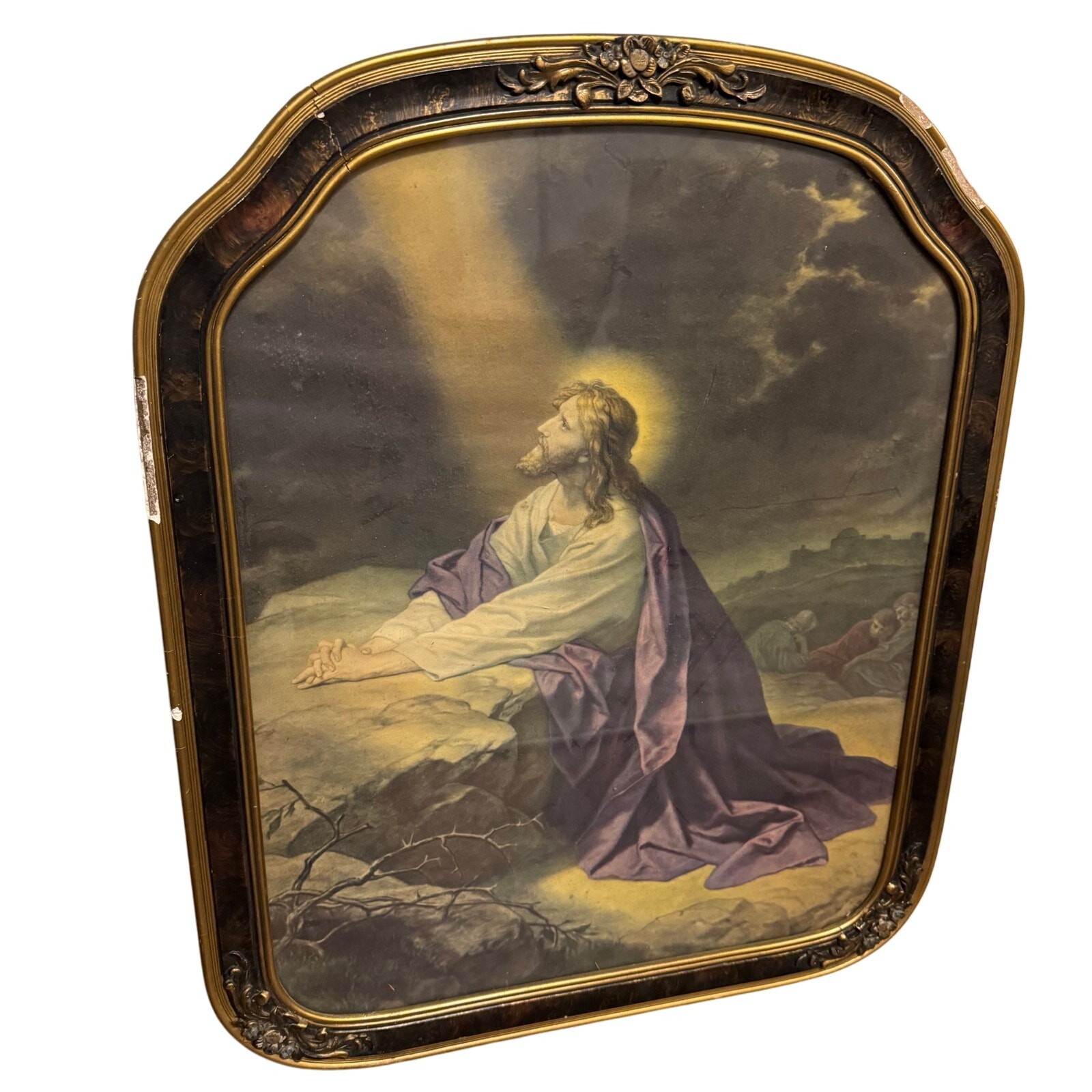 VTG Antique Art Print Jesus Christ in Gethsemane Wood Framed 18.5×22.5 Arched