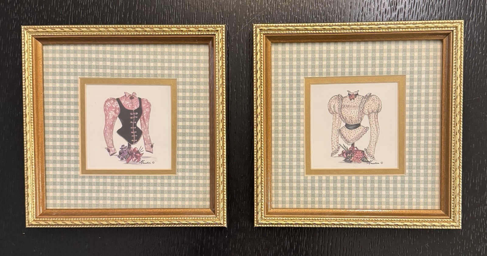 Vintage Bodice Blouse Fashion Art with Green Check Matte in Gold Frames Set of 2