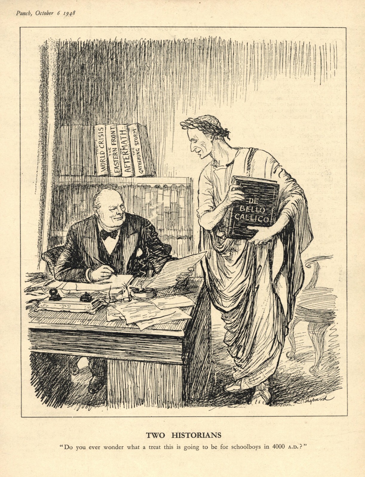 Rare 1948 British Cartoon – CHURCHILL’S MEMOIRS (“Gathering Storm”) WW 2 Caesar