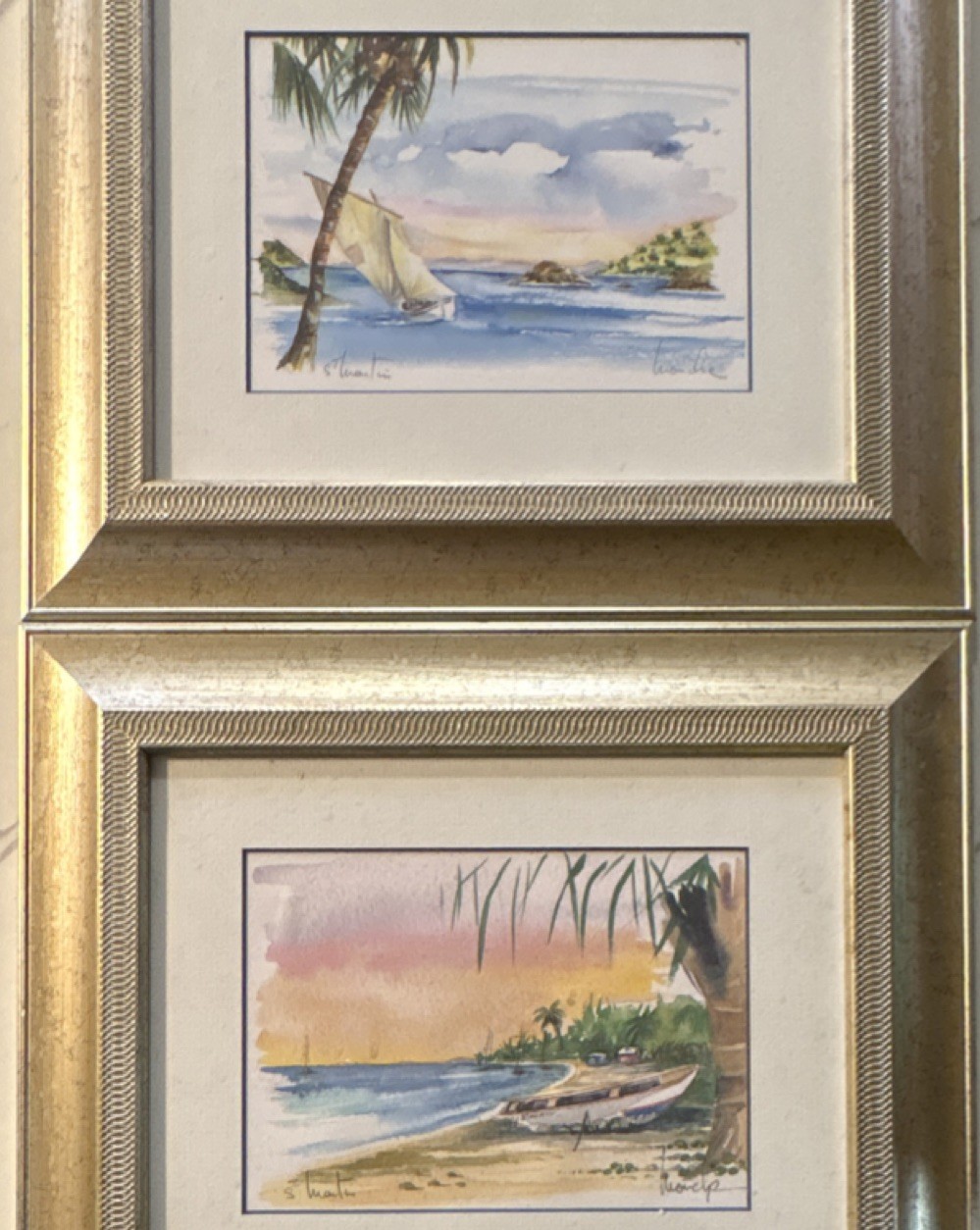 Set of 2 Mouche Bouvrais St. Martin Caribbean Watercolor Prints Matted & Framed