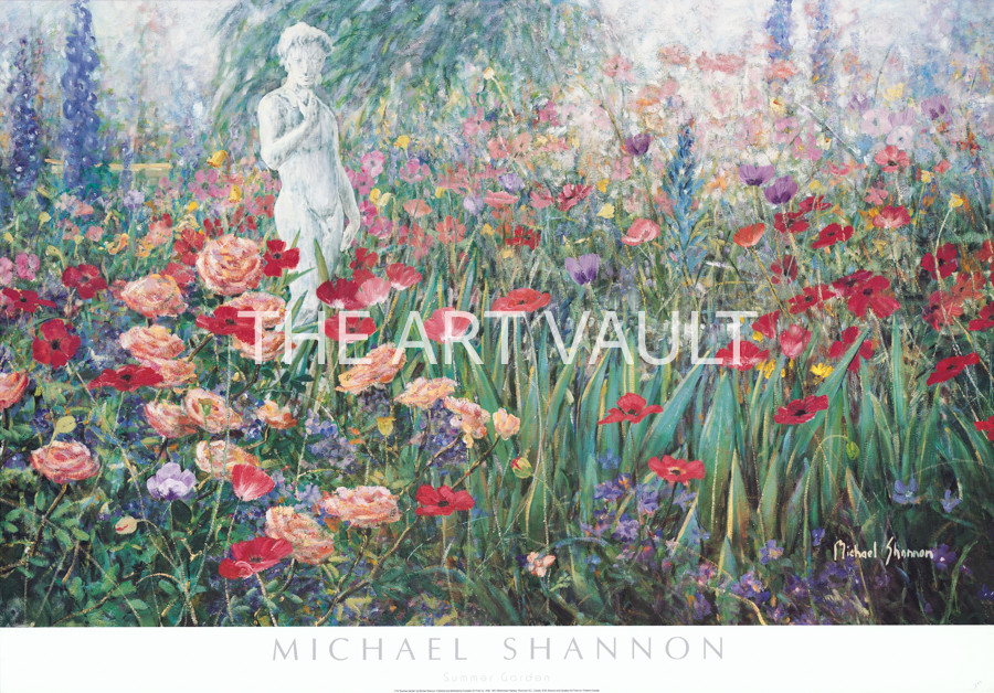 Summer Garden Michael Shannon White Statue Red Pink Roses Flowers 38×26.5
