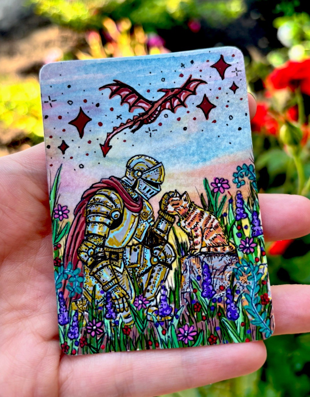 ACEO PRINT Original Art Card Mini Flowers Cat Knight Medieval Fantasy the.oa