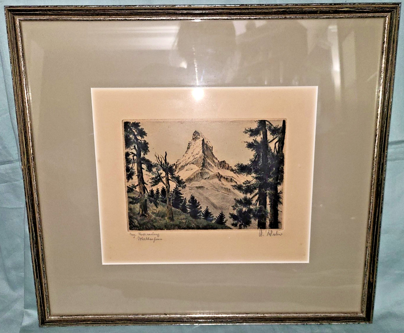 Antique framed engraving, Matterhorn (Swiss Alps) by A. Huber – landscape scene