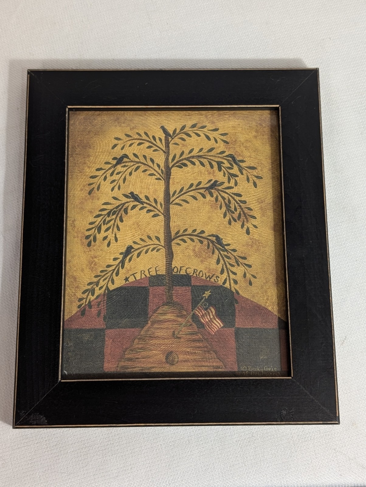 Vtg Rustic Framed Folk Art Print Tree Of Crows Bee Hive 10.5×12 Framed