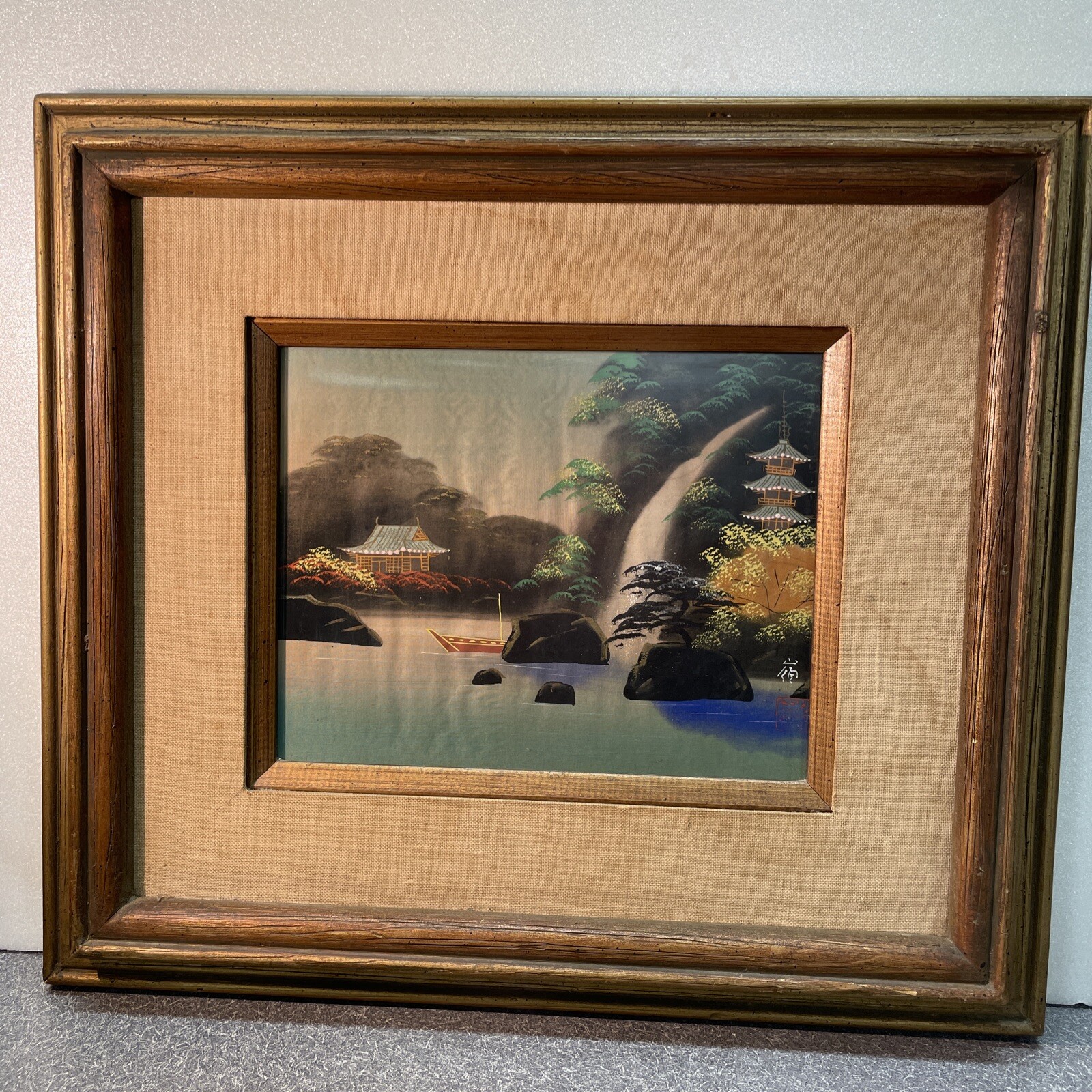 VINTAGE HAND PAINTED ON SILK?Waterfall Pagoda SIGNED Framed 17.5”x15.5”