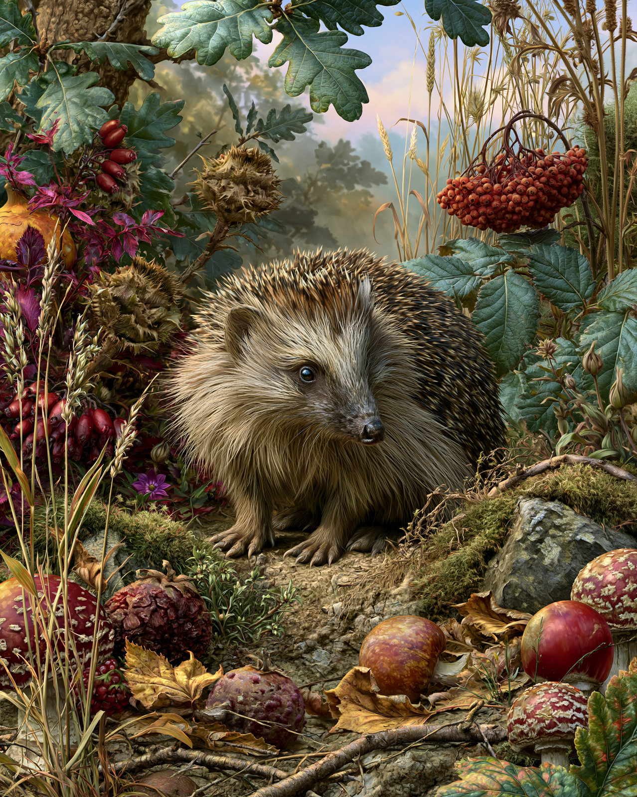 8×10 Hedgehog Among Woodland Berries Art Print – 305894431