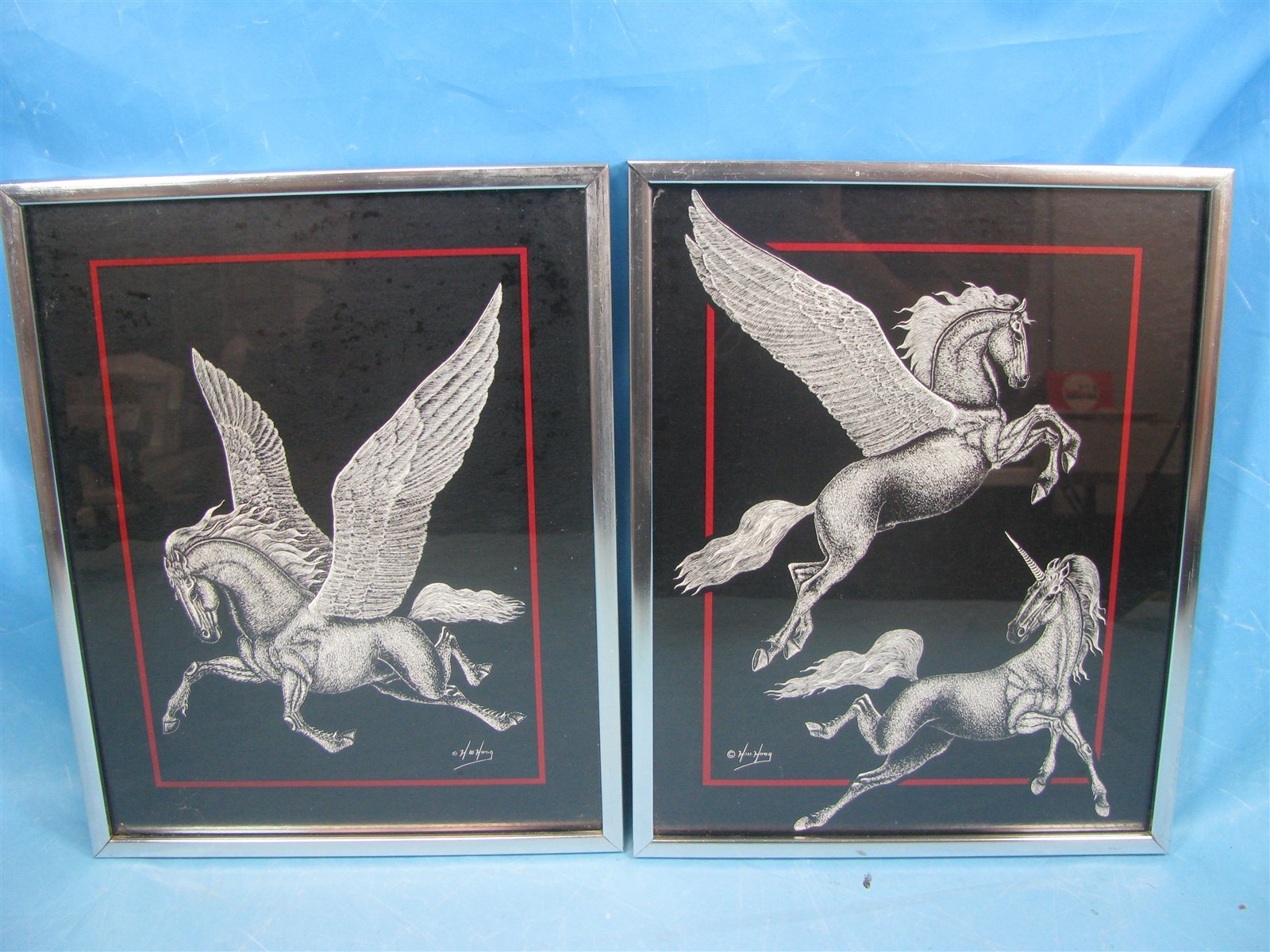 2 Vintage HW Hoag Signed Fantasy Unicorn Horse Black & White Framed Art Prints