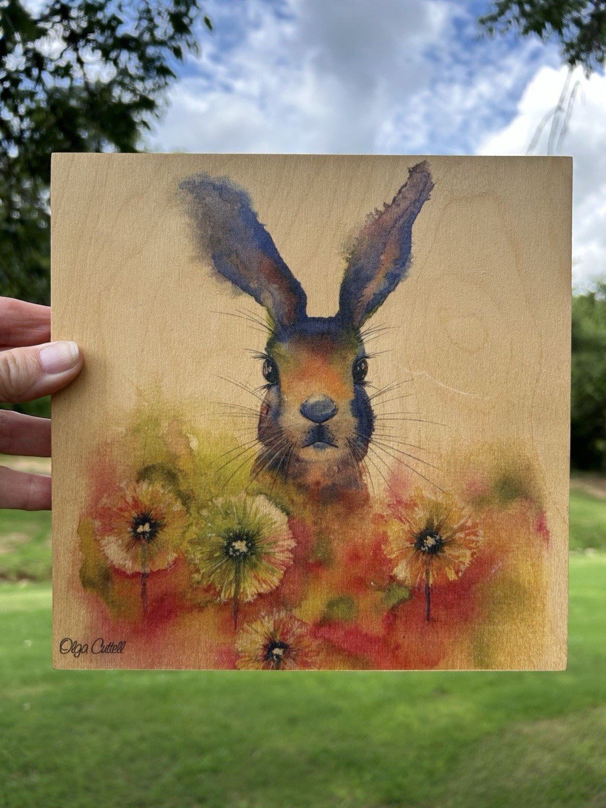 Peekaboo Bunny Olga Cuttell Watercolor Print On Wood 7.3/4×7.3/4 Rabbit Flowers