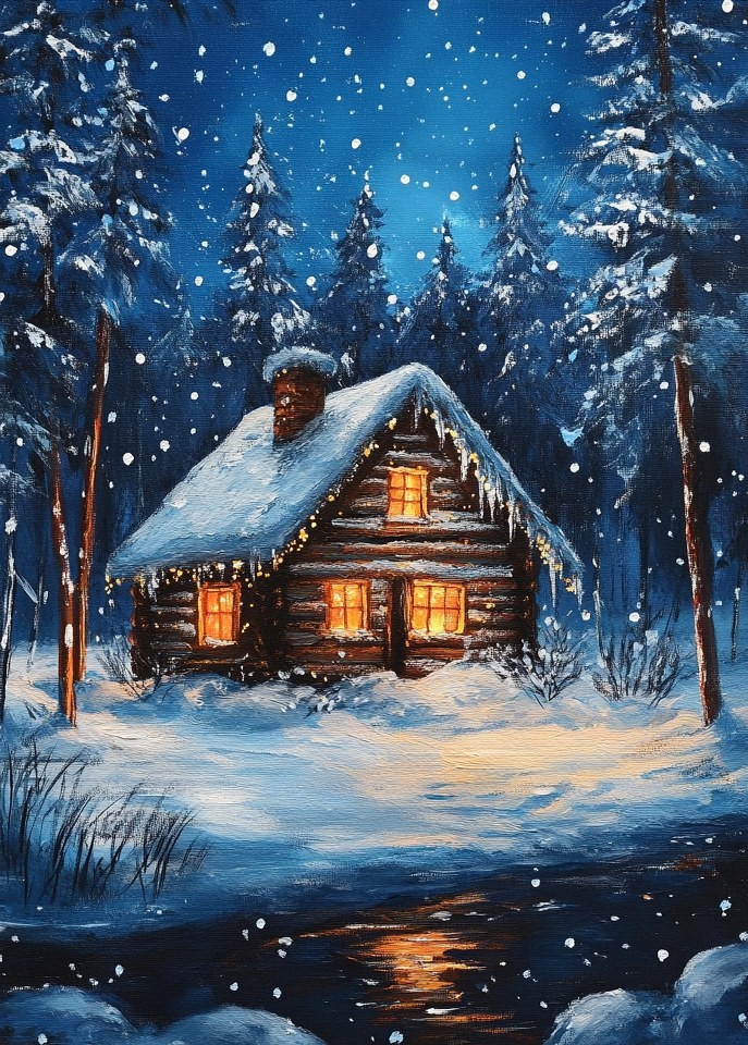 Print ACEO Art Card Christmas Cottage Snow Tree Winter Forest Limited Edition