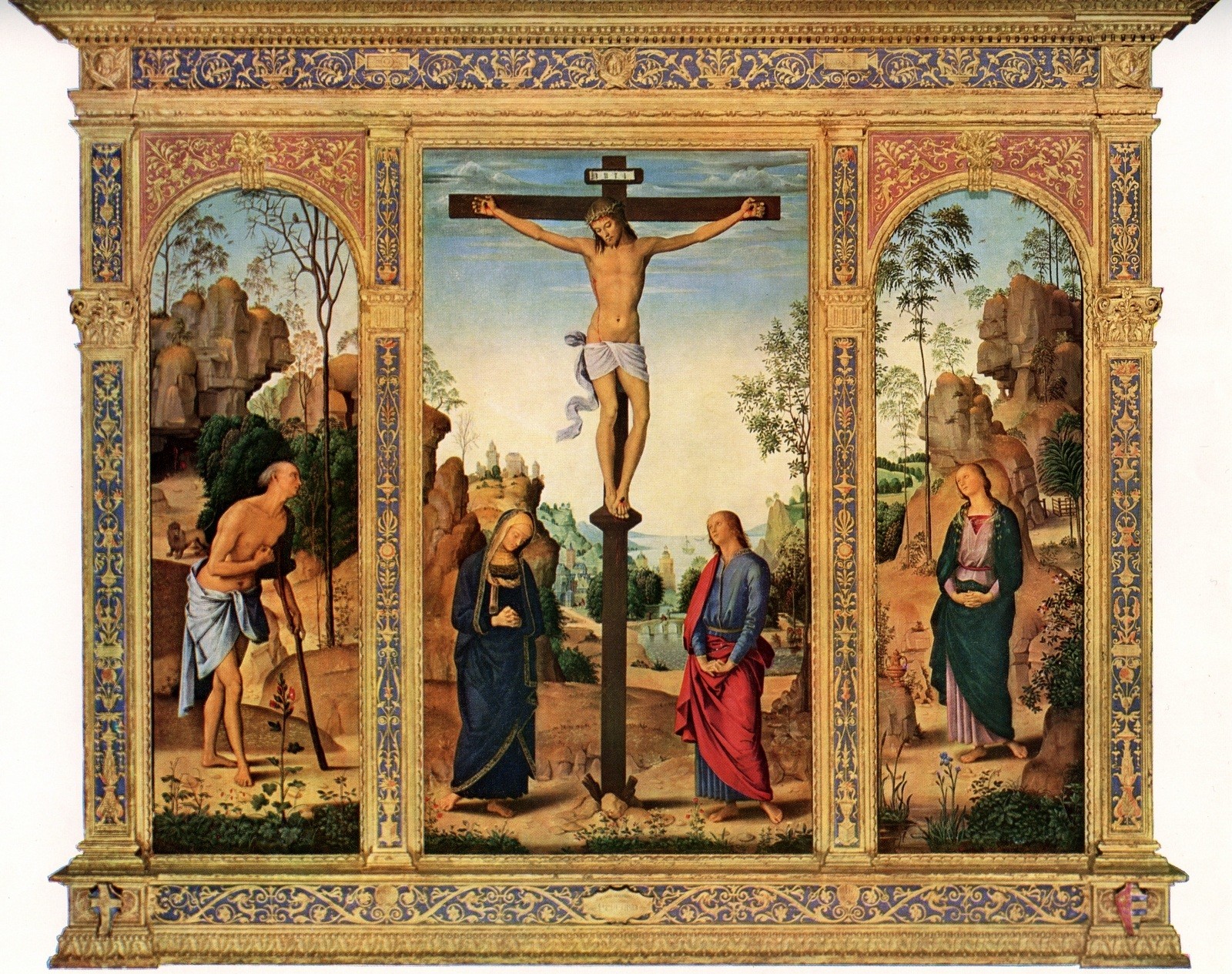 Perugino, Crucifixion with Saints, Triptych Renaissance Vintage Art Print 1958