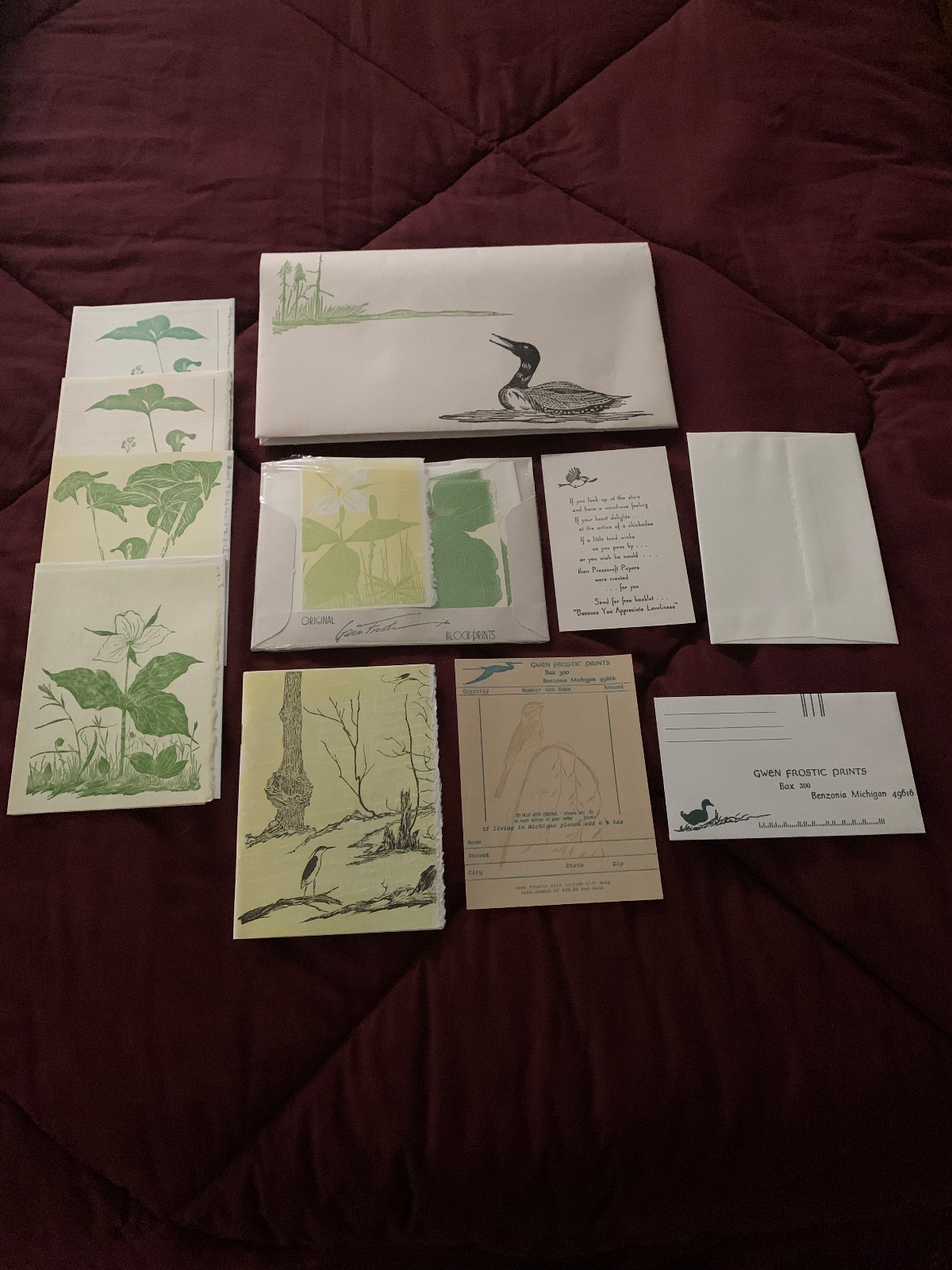 Lot of Gwen Frostic Original Block Print cards, folio, catalogue