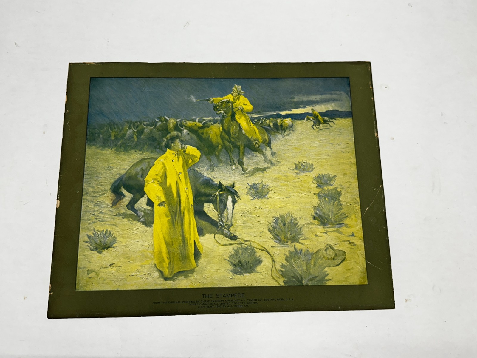 Antique Lithograph “The Stampede” Advertising Tower Raincoats – Western Cowboy