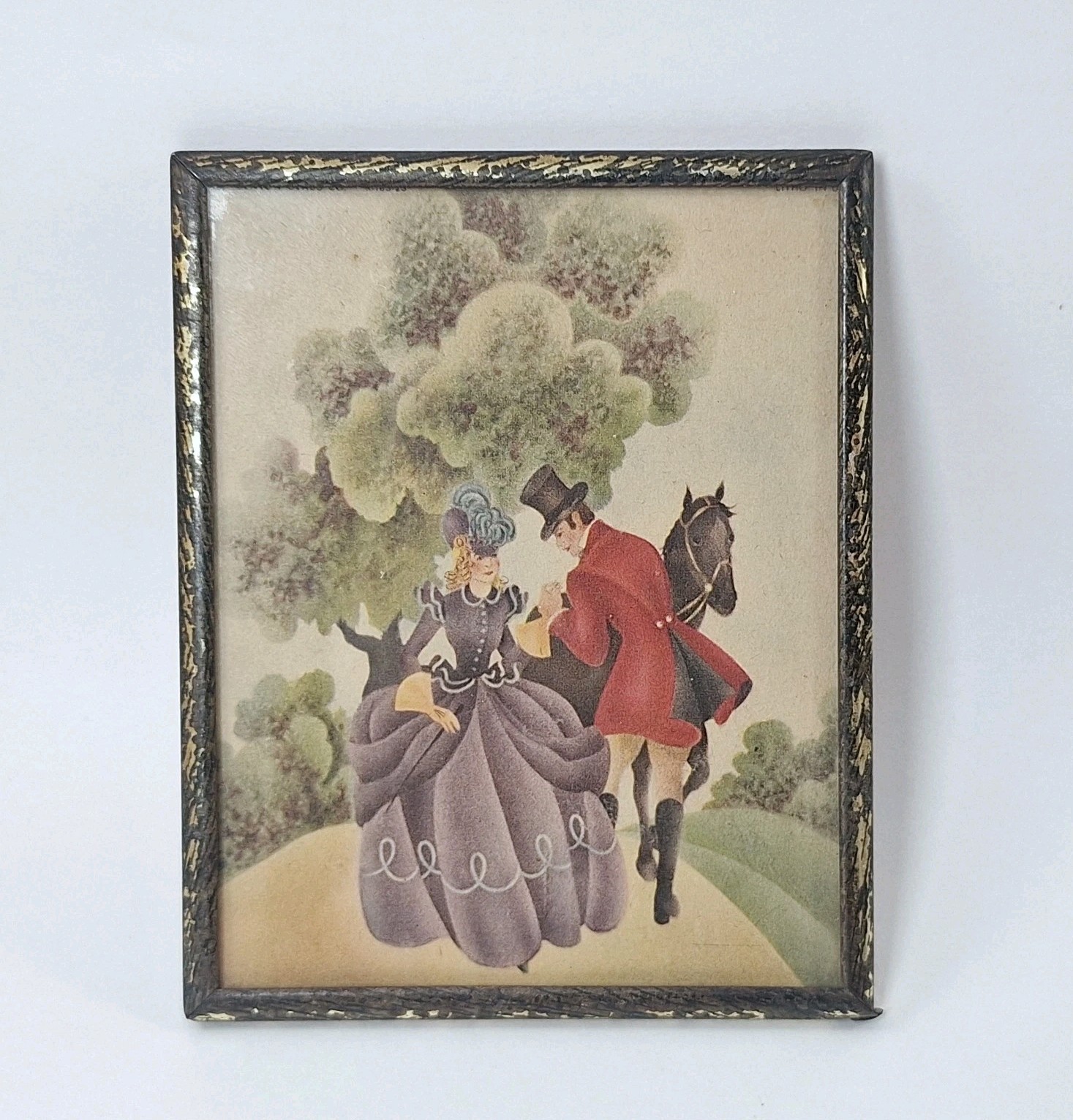 Vintage Lithograph Print in Original Frame Victorian Courting Scene 4″x5″