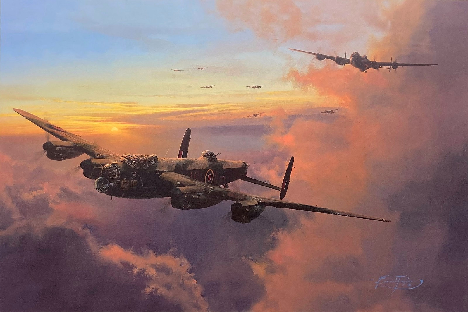 Towards Night’s Darkness by Robert Taylor art print signed by 6 RABomber Aircrew