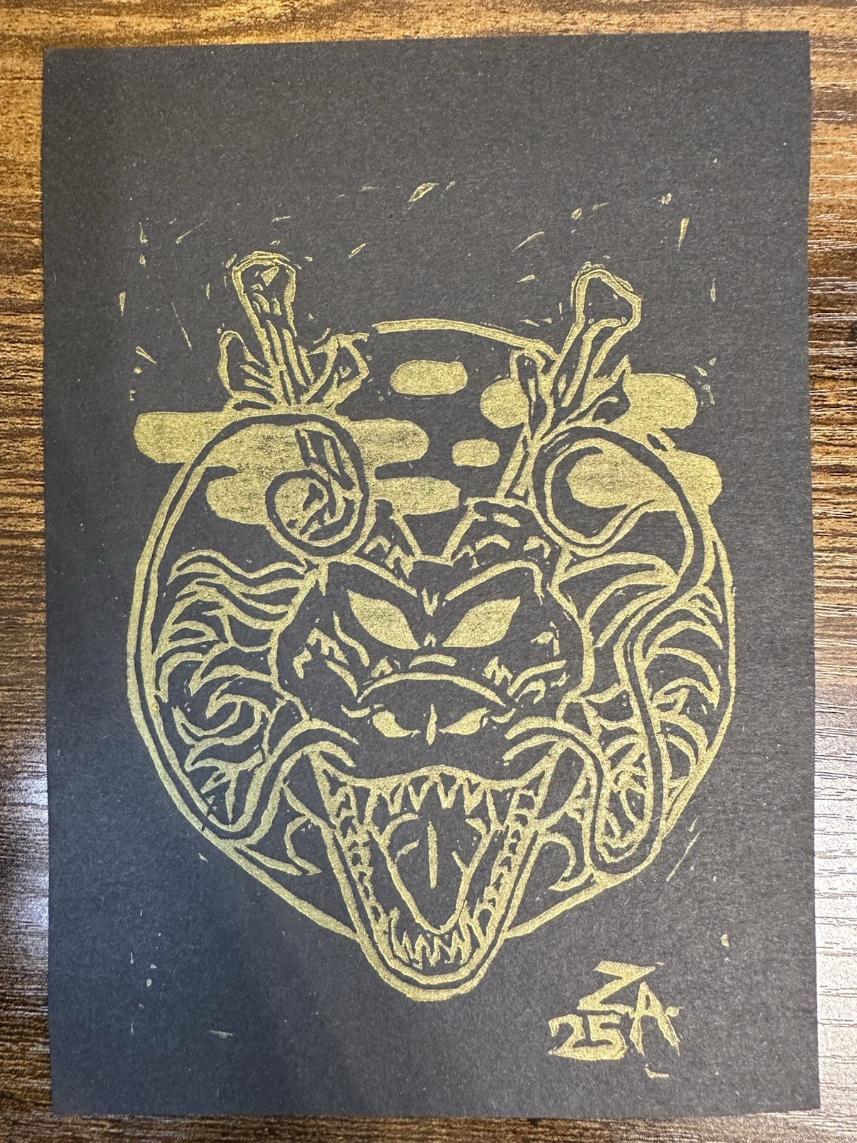 Shenron Linocut Print 5 X 7 Inch Paper (Gold Ink On Black Paper)