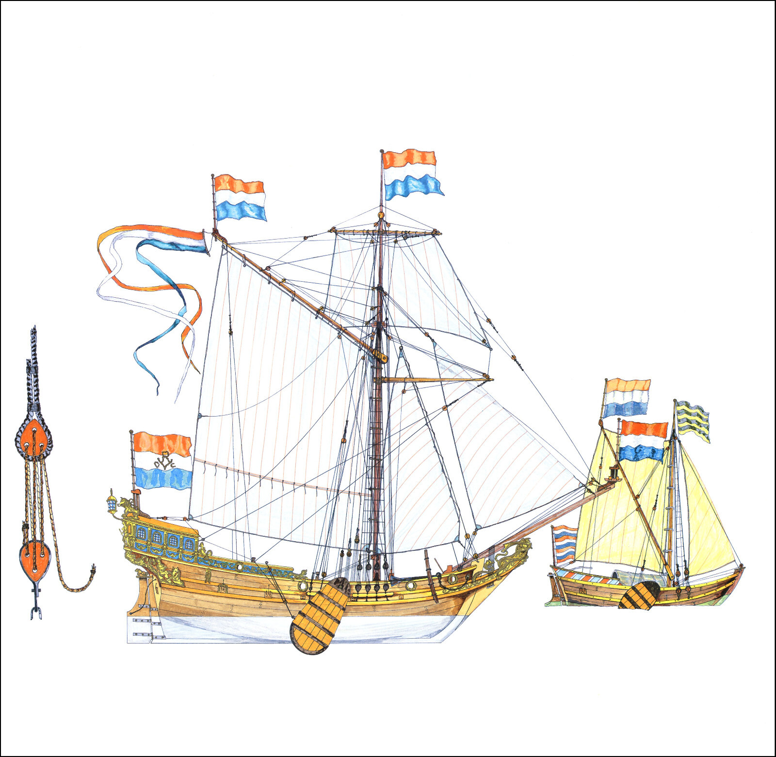 2000 Vintage Ship Print Dutch Staten Yacht Sprit Smack 17th Century Netherlands