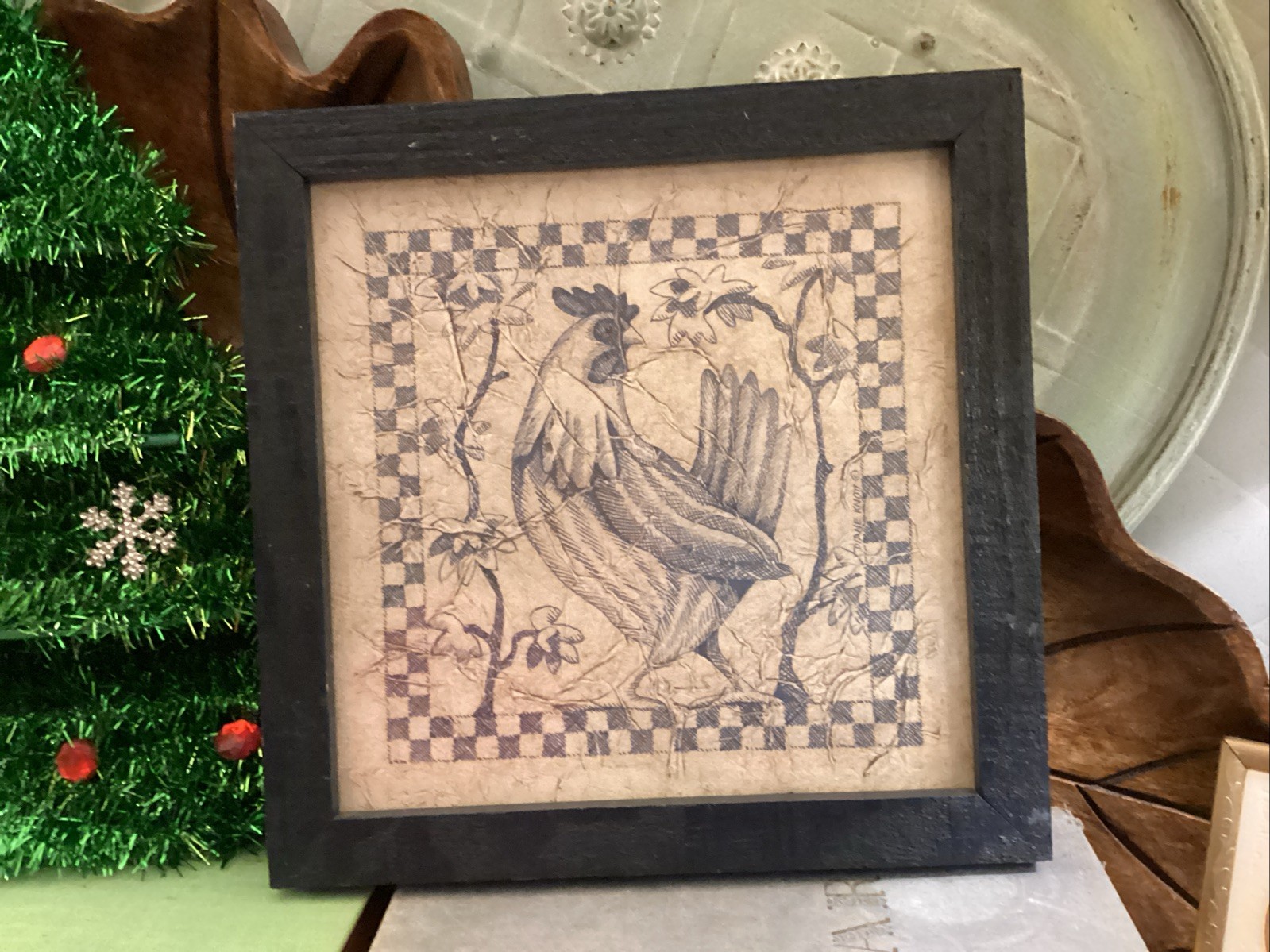 Framed Rooster Chicken Art Tile Look Blue & White Print French Country Framed