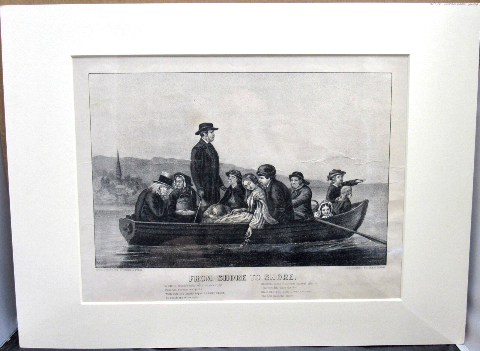 FROM SHORE TO SHORE CURRIER IVES BLACK WHITE MEDIUM LITHOGRAPH WITH MAT