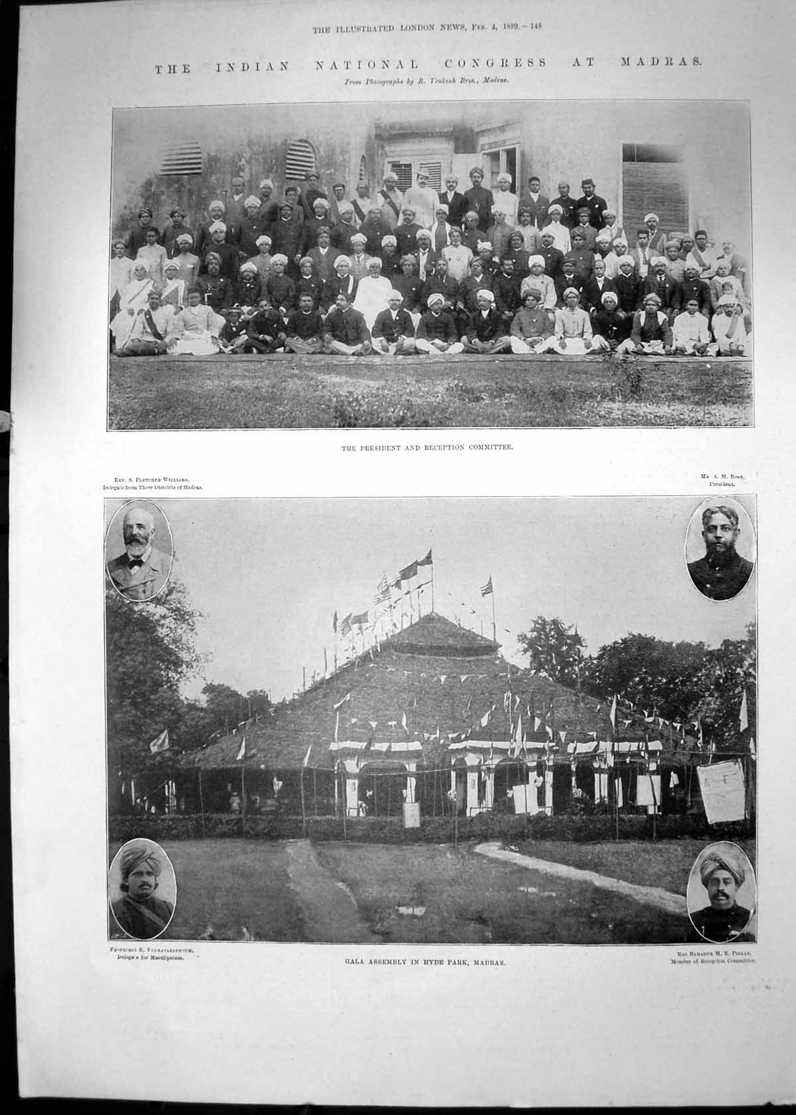 Old Print 1899 Indian National Congress Madras Pillay Gala Williams Bose 19th