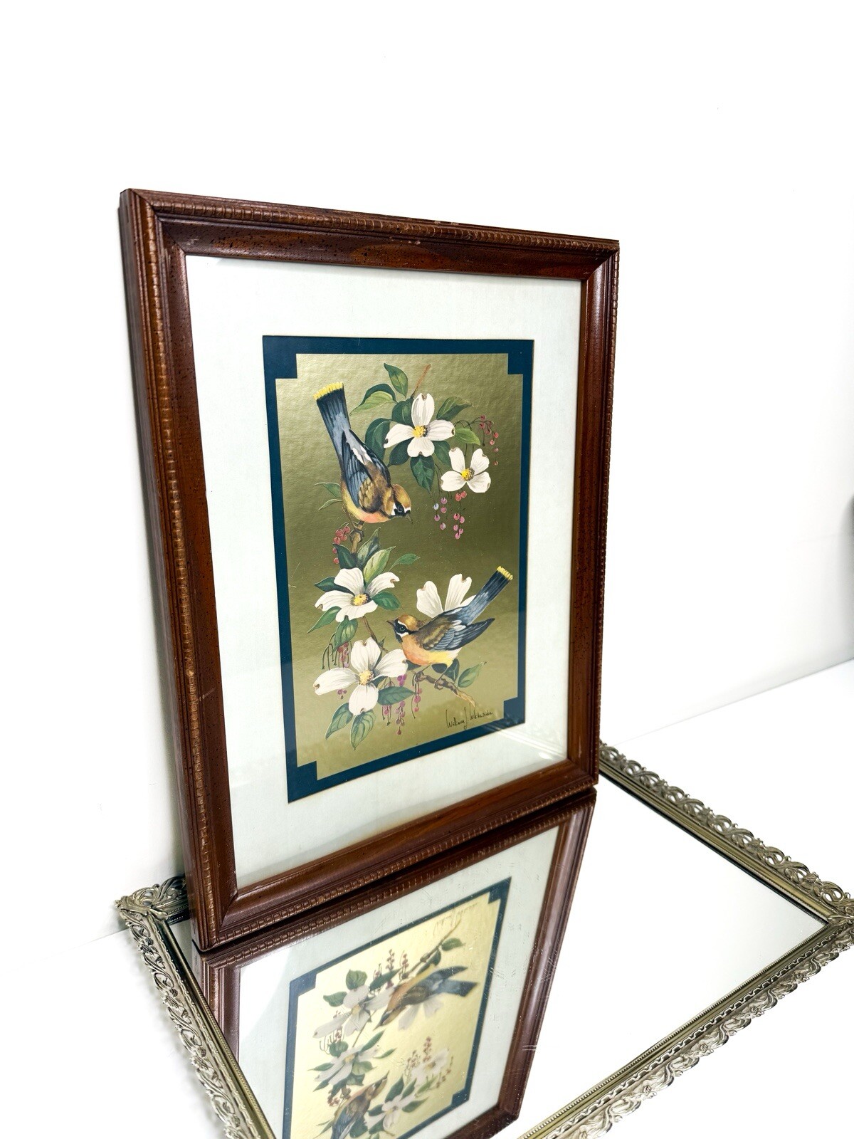 Vintage “Birds on Dogwood” Framed & Signed Print William J. Whiteside Gold Foil