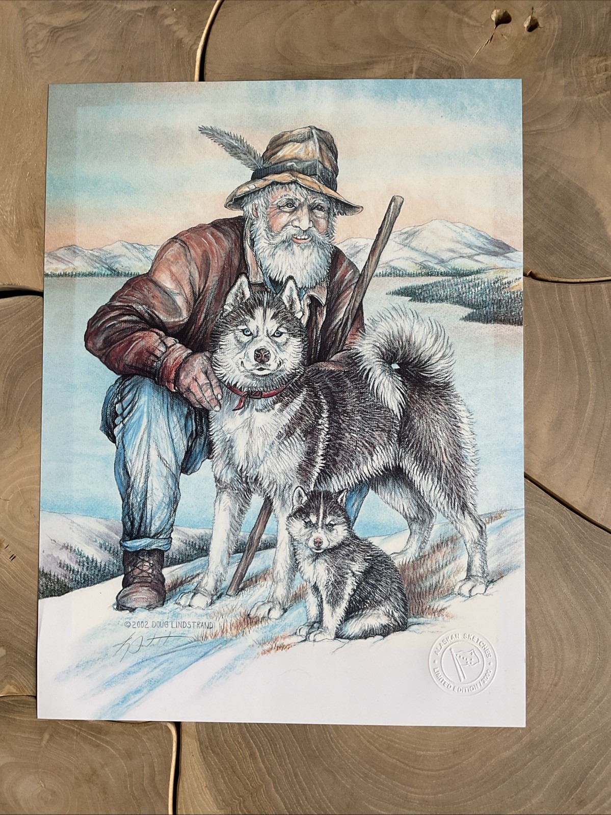 Vintage Art Print “First Snow” by Doug Lindstrand Signed And Stamped Huskey Dogs