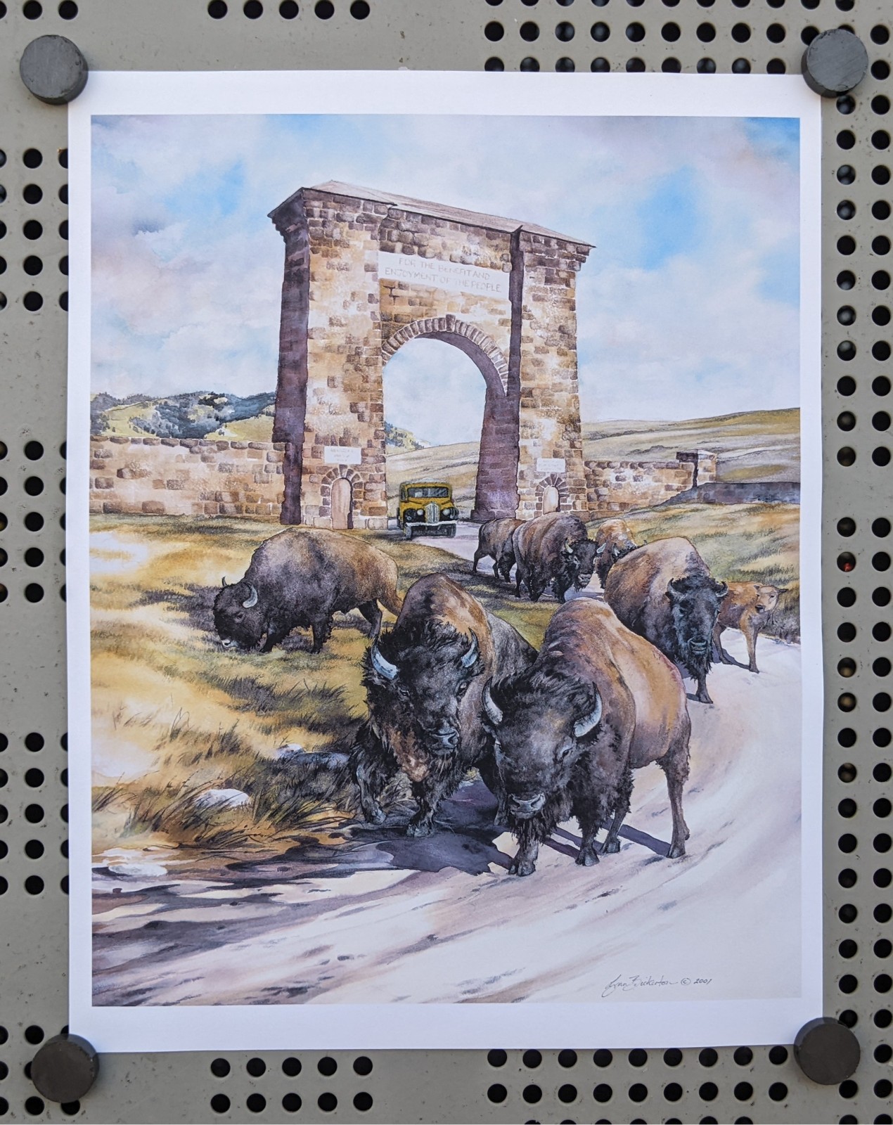 Roosevelt Arch Yellowstone NP Bison Massive ShaggyHaired Mammal Watercolor Print