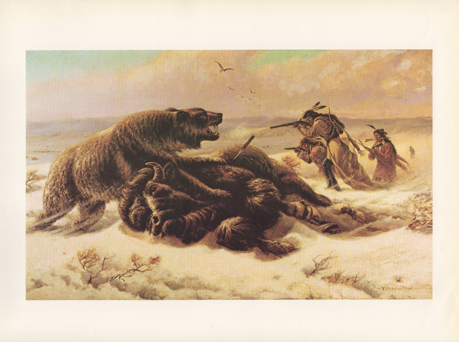 1972 Vintage HUNTING “THE CONTESTED GAME 1879” Indian, Bear, Buffalo Color Litho