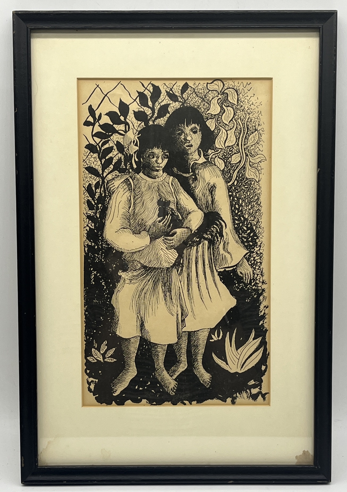 Vintage Etching Surreal Girls Holding Rooster Chicken Framed Unknown Artist