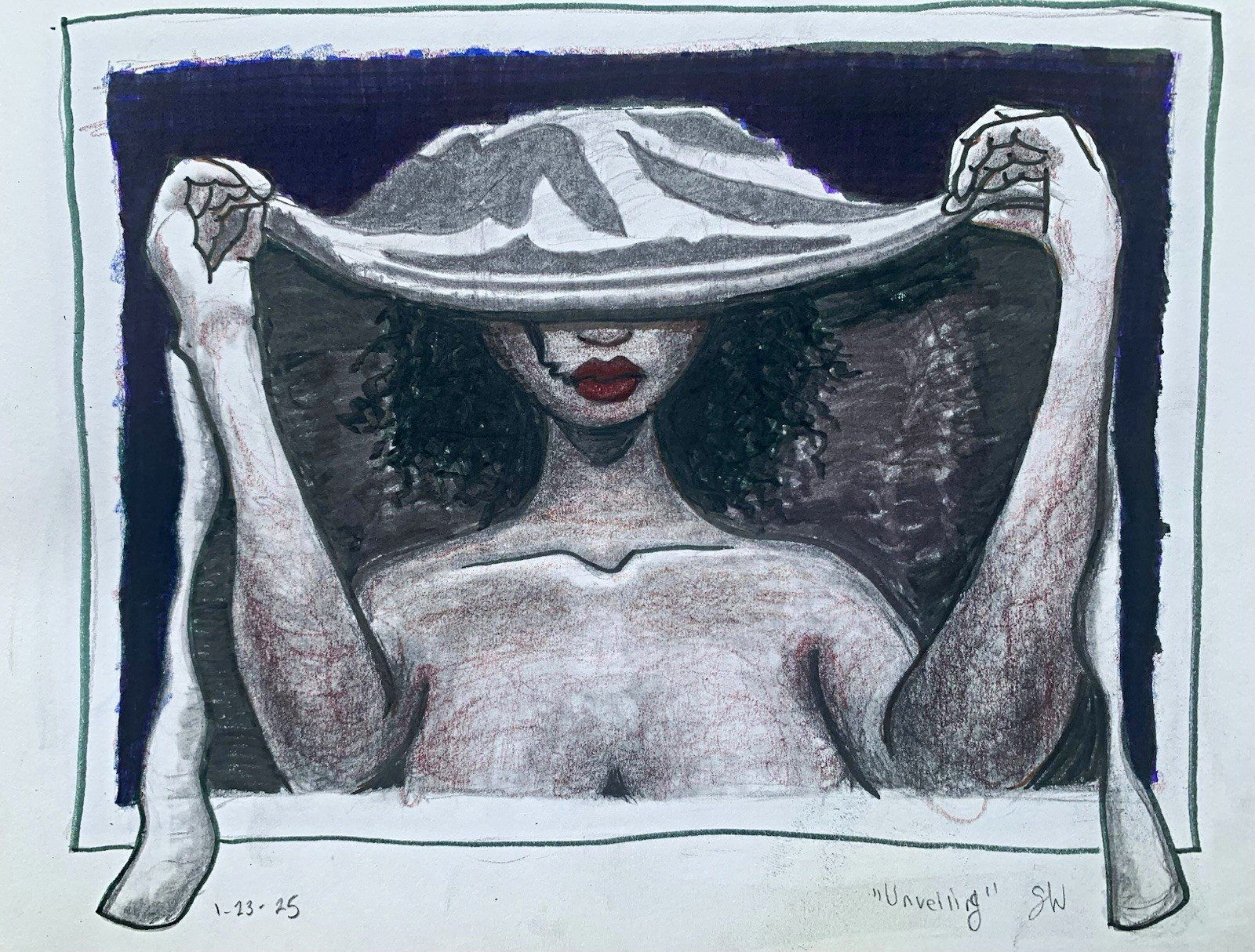 SW Original OOAK Mixed Media Drawing Woman Portrait Print Signed 2025