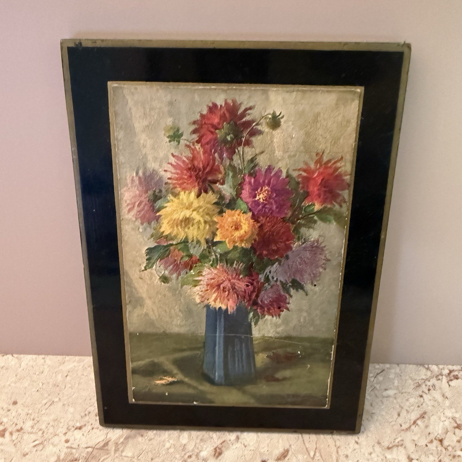 Vintage Mid Century Still Life Floral Bouquet Blue Vase Wall Art Wood Frame 5×7